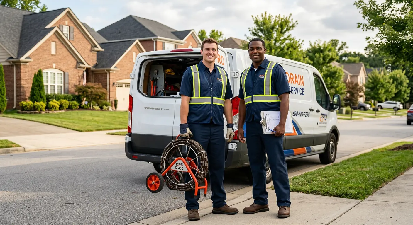 Sewer and drain service team with equipment ready for work in Highland Lakes