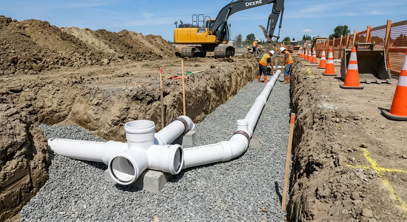 New PVC sewer pipe installation in open trench for Commercial Drain Cleaning in Highland Lakes