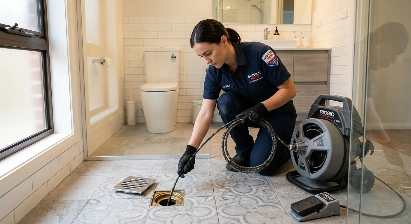 Technician clearing a bathroom floor drain for Clogged Drain Repair in Highland Lakes